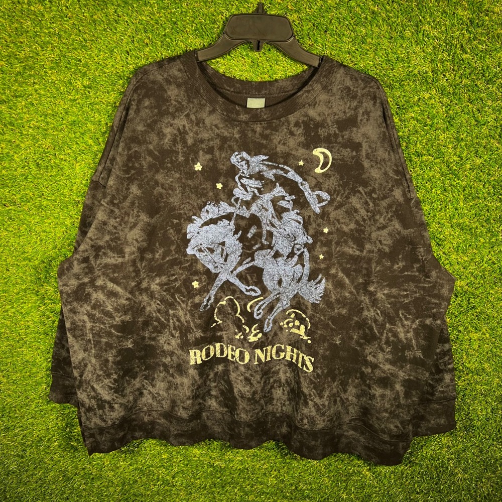 Terra & Sky Rodeo Nights Graphic‎ Sweatshirt 2X Acid Wash Western Cowboy Grey